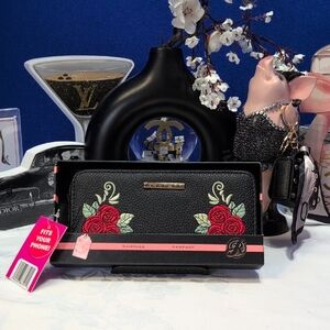 Rampage Black and Red Rose Embroidered Zip Around Wallet